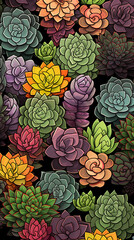A charming pattern with adorable succulent plant, each represented with clean lines and a limited color palette created with Generative Ai