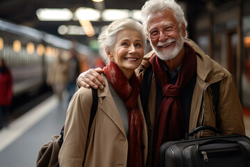 Fototapeta premium Happy smiling traveling elderly couple hugging while waiting for train at station