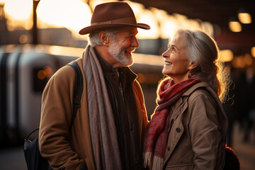 Fototapeta premium Happy smiling traveling elderly couple looking to each other while standing at train station