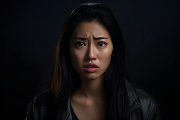 Sad Asian young adult woman portrait on black background. Neural network generated photorealistic image. Not based on any actual person or scene.
