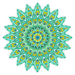 Colorful mandala isolated on white. Ethnic Oriental circular pattern. Textile print. Peacock feather bright colored abstract round pattern. Vector illustration