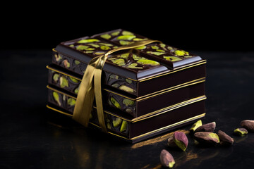 Fine dark Belgian chocolate with pistachio, decorated with 24 carat gold on a dark background.