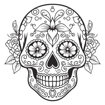 black skull vector, skull with flower and rose pattern, suitable for tattoo, eps, clip art