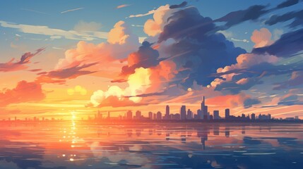 Beautiful anime style background with a picturesque sunrise, fluffy clouds, a serene lake, and a bright sun shining in the sky. - obrazy, fototapety, plakaty