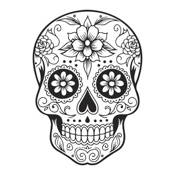 black and white floral pattern skull print, eps, ready to print, suitable for tattoo, skull decorated with elegant motifs