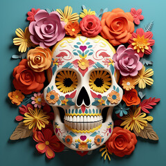 Obraz na płótnie Canvas 3D Skull cinco de mayo, flowers pattern background, full color, 3d papercut style created with Generative Ai