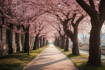 Beautiful cherry blossom street in spring with rows of pink blooming trees, green lawn, and park. Generative AI