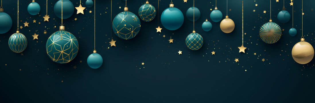 christmas decorations in a blue green color, in the style of minimalist backgrounds, dark sky-blue and gold, flat backgrounds, snow scenes, shaped canvas