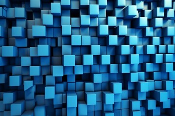 Wall made of neatly aligned cubes with varying sizes, featuring a blue contemporary tech wallpaper. Rendered in 3D. Generative AI