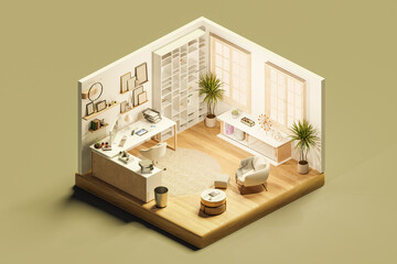 Isometric view of interior of modern study room in cartoon style. 3d isometric render