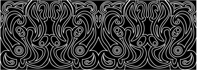 Wavy and swirly brush strokes. Seamless vector pattern. Curved lines and wavy lines. Seamless horizontal banner with doodle wavy lines. White color on a black background.