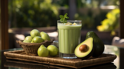 Delicious Green Fresh Avocado Smoothie or Shake  With Lemons Selective Focused Background