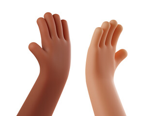Obraz premium Hands of Caucasian man and black African American giving each other high five on white background. Diversity people multiethnic unity togetherness. Collaboration Business Team success concept.