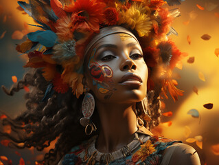 portrait of a woman with colorful feather ornaments