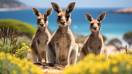 A photo of Kangaroo Island, with adorable kangaroos as the background, during a sunny day,
