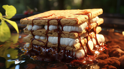 Delicious Slices of Bread Filled With Cream and Chocolate Dripping on It on Wooden Table Selective Focus