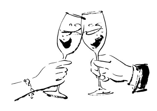 グラスで乾杯 イラスト（白黒・線画）