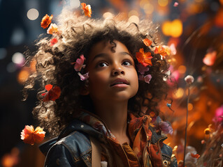 portrait of a girl in a park with flowers