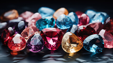 Loose Diamonds in All Shapes and Colours Round-Cushion-Asscher-Teardrop-Pear and Heart Shape etc on Blurry Background - obrazy, fototapety, plakaty