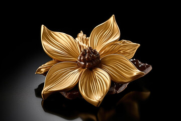 Fine luxury Belgian chocolate praline with vanilla flower decorated with 24 carat gold on a dark background - obrazy, fototapety, plakaty