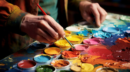 Painter hand dips paintbrush in vibrant paint to drawing on canvas, around colorful containers of paint, scene imparts sense of artistic process and blend of colors and ideas, colorful palette