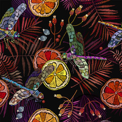 Embroidery lemon slice, berries and colorful dragonflies. Fashion seamless pattern. Template of clothes, tapestry, t-shirt design