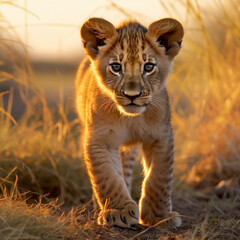 Obraz premium a young lion cub, his fur a rich golden hue, standing in the heart of the African savannah created with Generative Ai
