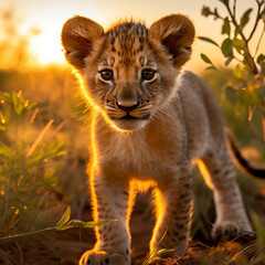 Obraz premium a young lion cub, his fur a rich golden hue, standing in the heart of the African savannah created with Generative Ai