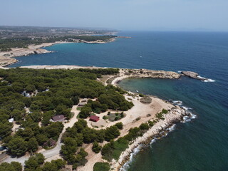 Aerial view of a cove by Plage du Verdon and bay of Marseille in background on the France Riviera