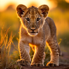 Obraz premium a young lion cub, his fur a rich golden hue, standing in the heart of the African savannah created with Generative Ai