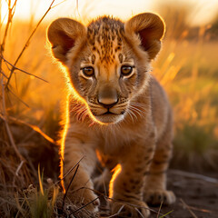 Obraz premium a young lion cub, his fur a rich golden hue, standing in the heart of the African savannah created with Generative Ai