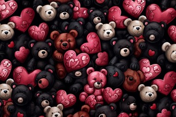 A pattern of hand-painted teddies & hearts for Valentine's Day. Generative AI