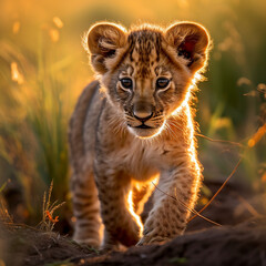 Obraz premium a young lion cub, his fur a rich golden hue, standing in the heart of the African savannah created with Generative Ai