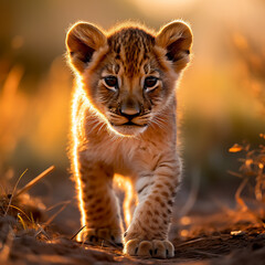 a young lion cub, his fur a rich golden hue, standing in the heart of the African savannah created with Generative Ai