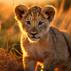 Obraz premium a young lion cub, his fur a rich golden hue, standing in the heart of the African savannah created with Generative Ai