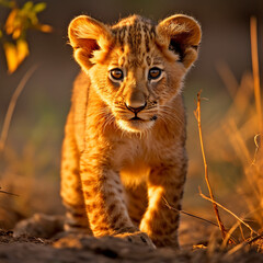 Obraz premium a young lion cub, his fur a rich golden hue, standing in the heart of the African savannah created with Generative Ai