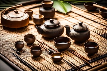 Obraz na płótnie Canvas A beautifully arranged tea ceremony, featuring a traditional Japanese teapot, cups, and elegant utensils on a bamboo mat, with a backdrop of serene Zen garden elements.