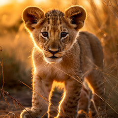 Obraz premium a young lion cub, his fur a rich golden hue, standing in the heart of the African savannah created with Generative Ai
