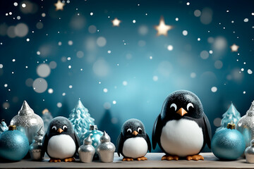 Christmas blue balls and penguins on blue background with bokeh effect