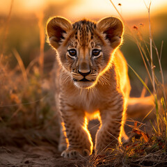 Obraz premium a young lion cub, his fur a rich golden hue, standing in the heart of the African savannah created with Generative Ai