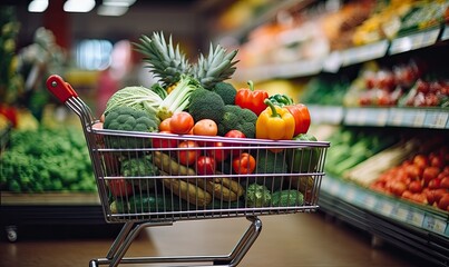 A supermarket cart full of fresh vegetables and fruits on the background of the store shelves. The concept of freshness and quality. Generated by AI.