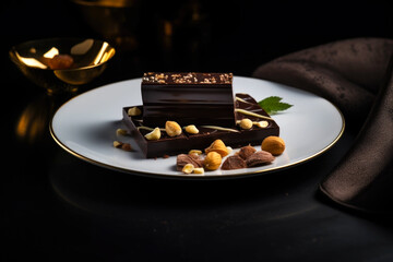 Fine dark Belgian chocolate with hazelnuts, decorated with 24 carat gold on a dark background.
