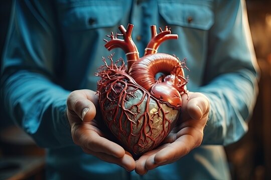Men's hands hold an artificial heart in their hands, a symbol of medicine. Generated by AI.