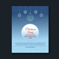 Christmas party flyer with glass and white balls. Elegant vector illustration with snow.