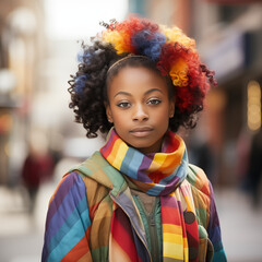 LGBTQA+ woman wearing rainbow colors 
