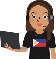 ノートパソコンを持ってヘッドセットとTシャツを着用している茶髪のフィリピン人女性の上半身