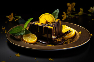 Luxury, fine dark Belgian chocolate with lemon on a dark background.