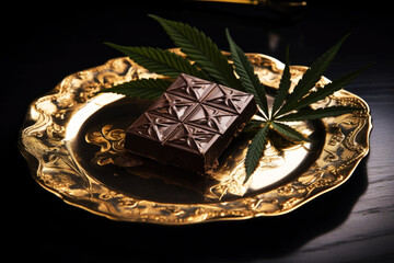 Fine dark Belgian chocolate with cannabis decorated with 24 carat gold on a dark background.