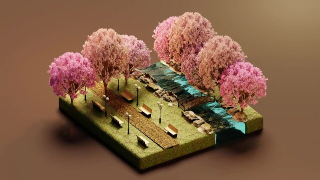 Model of garden with pink blossom trees and benches in light. 3d isometric loop