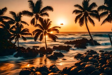 Fototapeta na wymiar amazing sunset view on the beach with the palm trees